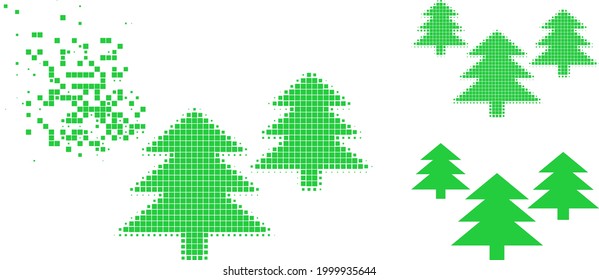 Disolver el glifo del bosque de abetos con una versión de semitono. Efecto de viento vectorial para el icono del bosque de abetos. El efecto de disolución pixelada para el bosque de abetos da movimiento a objetos virtuales.