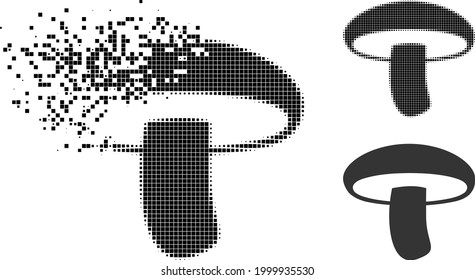 Dissolving dotted mushroom icon with halftone version. Vector destruction effect for mushroom icon. Pixel degradation effect for mushroom shows movement of cyberspace items.