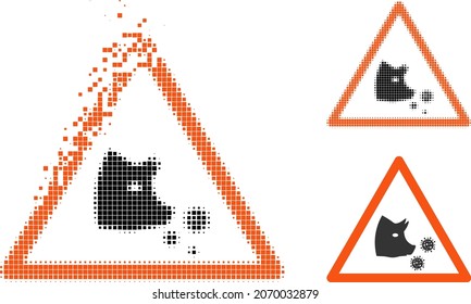 Dissolving dotted pork flu warning pictogram with halftone version. Vector destruction effect for pork flu warning icon.