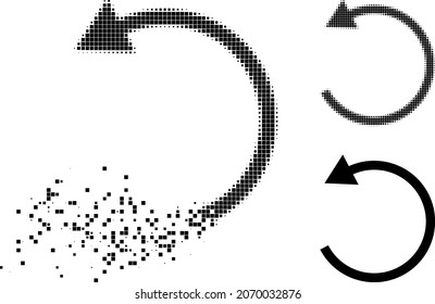 Dissolving dotted rotate left arrow pictogram with halftone version. Vector destruction effect for rotate left arrow pictogram.