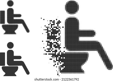 Dissolving dotted toilet sitting person icon with halftone version. Vector destruction effect for toilet sitting person icon.