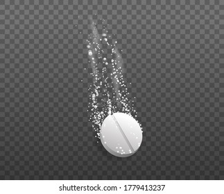 Dissolving effervescent tablet. White pill disintegrates into parts in water strong painkiller rescue from headache and toothache clipart medication with bubbling gas movement dissolution vector.