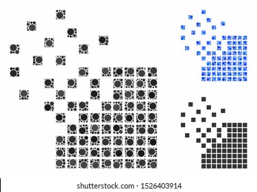 Dissolving pixel mosaic for dissolving pixel mosaic icon of filled circles in variable sizes and color tints. Vector filled circles are united into blue mosaic.