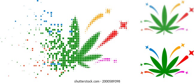 Dissolving pixelated cannabis euphoria glyph with halftone version. Vector destruction effect for cannabis euphoria pictogram.