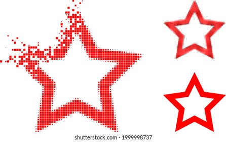 Dissolving pixelated contour star icon with halftone version. Vector destruction effect for contour star icon. Pixel disintegration effect for contour star shows motion of cyberspace objects.