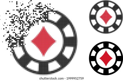 Dissolving pixelated diamonds casino chip glyph with halftone version. Vector destruction effect for diamonds casino chip icon.