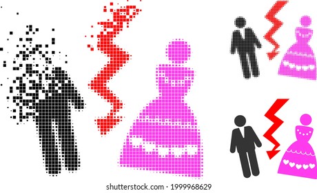 Dissolving pixelated divorce persons pictogram with halftone version. Vector wind effect for divorce persons icon.