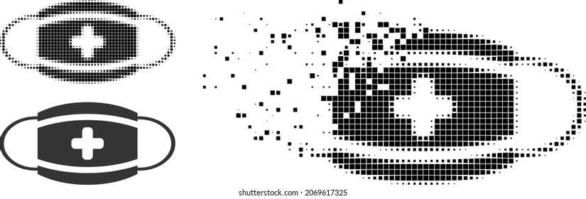 Dissolving pixelated medical mask glyph with halftone version. Vector destruction effect for medical mask icon.