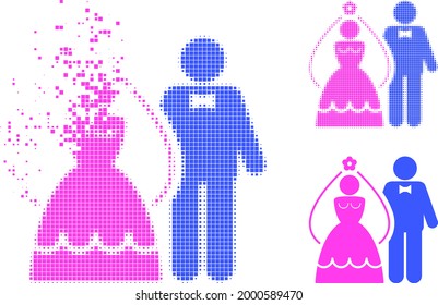 Dissolving pixelated newlyweds icon with halftone version. Vector destruction effect for newlyweds icon. Pixelated dust effect for newlyweds reproduces motion of virtual concepts.