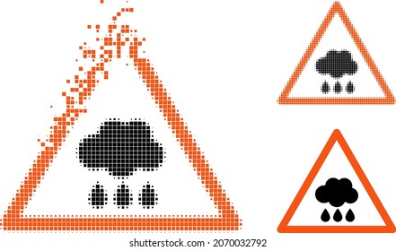 Dissolving pixelated rain warning pictogram with halftone version. Vector destruction effect for rain warning symbol. Pixel destruction effect for rain warning reproduces movement of virtual world.