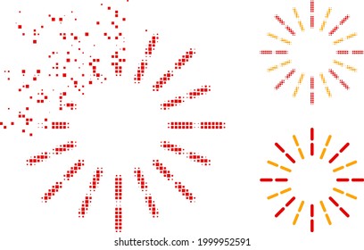 Dissolving pixelated shine rays pictogram with halftone version. Vector wind effect for shine rays icon. Pixelated dissipating effect for shine rays reproduces movement of virtual items.