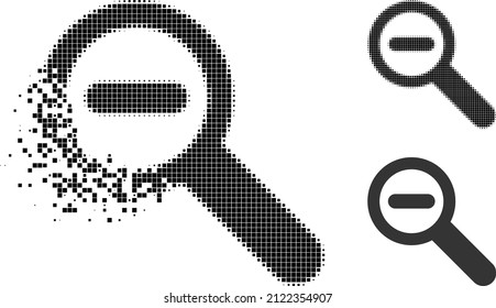 Dissolving pixelated zoom out icon with halftone version. Vector wind effect for zoom out symbol. Pixelated dust effect for zoom out reproduces movement of virtual world.