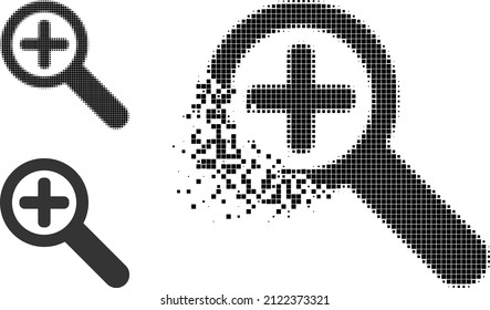 Dissolving pixelated zoom in pictogram with halftone version. Vector destruction effect for zoom in pictogram. Pixel defragmentation effect for zoom in reproduces speed of virtual world.