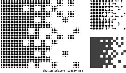 Dissolving pixels halftone dotted icon. Halftone array contains round pixels. Vector illustration of dissolving pixels icon on a white background.