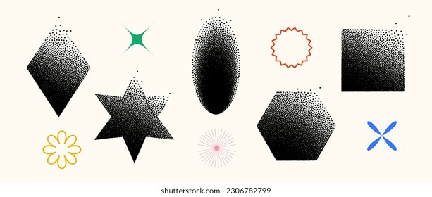 Dissolving shapes set. Fading square, hexagon, star, rhombus, ellipse primitives collection. Figures with halftone dust gradient. Geometric elements for banners, collages, posters. Vector