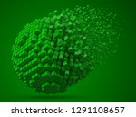 dissolving spherical data block. made with green cubes. 3d pixel style vector illustration. suitable for blockchain, technology, computer and abstract themes.