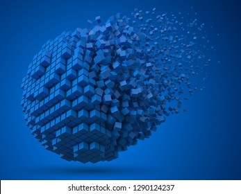 dissolving spherical data block. made with blue cubes. 3d pixel style vector illustration. suitable for blockchain, technology, computer and abstract themes.