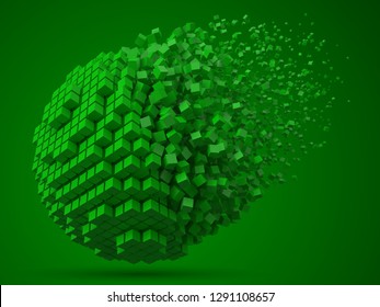 dissolving spherical data block. made with green cubes. 3d pixel style vector illustration. suitable for blockchain, technology, computer and abstract themes.