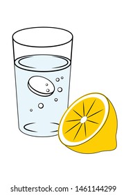 Dissolving tablet in glass of water and cut lemon. Concept of prevention of flu and colds. Vector illustration isolated on white.