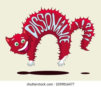 Dissonance. Hand-written vector lettering on a pink skin of an illustration of a funny cat. The cat jumped and bristled with fear, joy and pleasure. Suitable for printing on mugs, bags, t-shirts