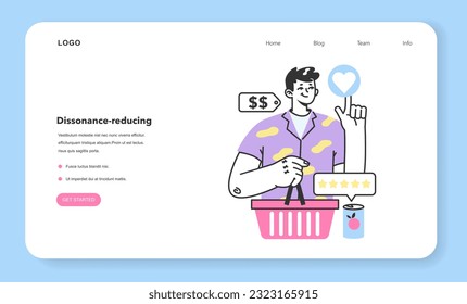 Dissonance-reducing consumer behavior web banner or landing page. Mind psychology, decision process to choose, buy and use a product or service. Marketing strategy building. Flat Vector Illustration