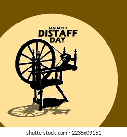 A distaff with a bold text circle on a brown background to celebrate Distaff Day on January 7