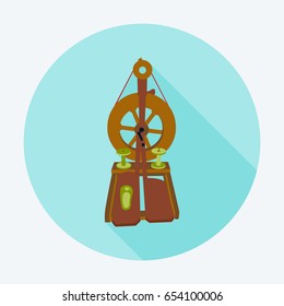 Distaff flat circle icon. Vector illustration of spinning wheel on blue.