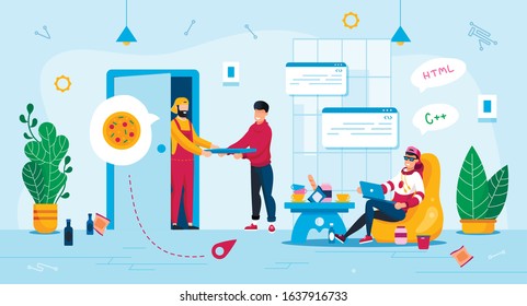 Distance Ans Freelance Work Advantages Trendy Flat Vector Concept. Freelance Programmer Using Laptop While Sitting in Mess, Working at Home, Deliveryman Delivering Pizza to Client Home Illustration
