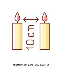 Distance between burning candles RGB color manual label icon. Placing three inches apart. Fire safety. Isolated vector illustration. Simple filled line drawing for product use instructions