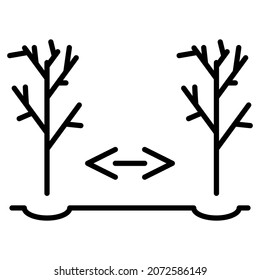The distance between the trees when planting in the garden or in the park. Vector icon, outline, isolated. Editable stroke.