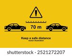 Distance cars black icon. Keep a safe distance. Safety on freeway. Vector illustration flat design. Isolated on background. Web design template. Landing page. Caution and control of vehicle.