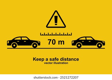 Distance cars black icon. Keep a safe distance. Safety on freeway. Vector illustration flat design. Isolated on background. Web design template. Landing page. Caution and control of vehicle.