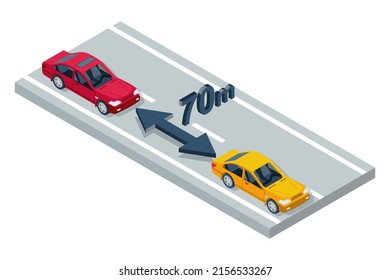 Distance of cars on the road. Keep a safe distance. Safety on freeway. Vector illustration isometric 3d design. Web design template. Landing page. Caution and control. Two vehicles at a safe distance.
