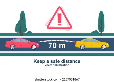 La distancia de los coches en la carretera. Mantén una distancia segura. Seguridad en la autopista. Diseño plano de ilustración vectorial. Aislado en segundo plano. Plantilla de diseño web. Página de inicio. Precaución y control del vehículo.