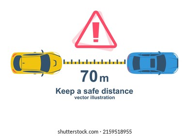 The distance of cars on the road. Keep a safe distance. Safety on freeway. Vector illustration flat design. Isolated on background. Web design template. Landing page. Caution and control of vehicle.