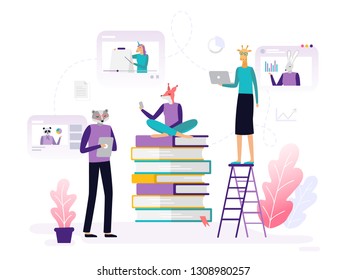 Distance courses. Abstract animals working with laptops, watching video training and doing homework. Set of banners and backgrounds for site with an online education theme. Vector illustration