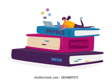 Distance Courses, Online Education Concept. Tiny Woman Character Studying Lying on Huge Books Heap Using Laptop for Watching or Reading Lessons. Student Prepare for Exam. Cartoon Vector Illustration