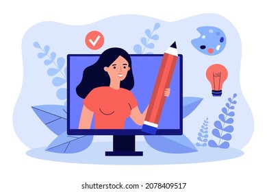 Distance drawing course with female artist. Woman on computer screen holding pencil flat vector illustration. Art master class online, hobby concept for banner, website design or landing web page