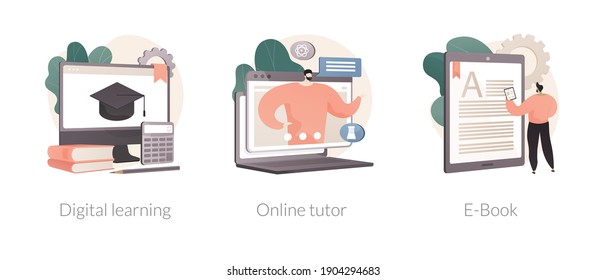 Distance education abstract concept vector illustration set. Digital learning, online tutor, read a book, home school, video call, watch webinar, download e-book, homework abstract metaphor.