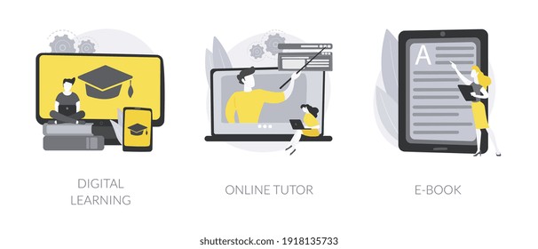 Distance education abstract concept vector illustration set. Digital learning, online tutor, download e-book, home school, video call, watch webinar, digital library, homework abstract metaphor.