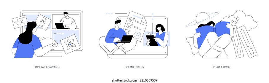 Distance education abstract concept vector illustration set. Digital learning, online tutor, download e-book, home school, video call, watch webinar, digital library, homework abstract metaphor.