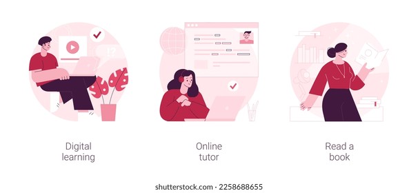 Distance education abstract concept vector illustration set. Digital learning, online tutor, read a book, home school, video call, watch webinar, download e-book, homework abstract metaphor.