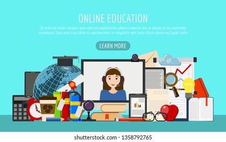 Distance education banner. Online courses, e-learning, tutorials. testing vector illustration. Desktop computer, headphones, keyboard, calculator. Video call with web cam.