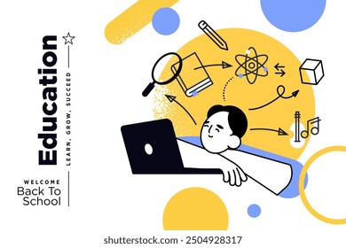 Anuncio de educación a distancia. Ilustración vectorial de la educación, el aprendizaje, la vuelta a la escuela, los cursos y la formación en línea, la educación a distancia y el aprendizaje electrónico.