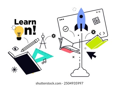 Distance education banner. Vector illustration of education, learning, back to school, online course and training, distance education and e-learning.