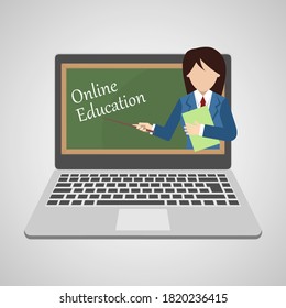 Distance education or business training. Online teacher on a laptop monitor. Webinar or video seminar learning vector concept.