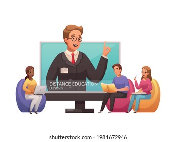 Distance education cartoon icon with happy students on online lesson vector illustration