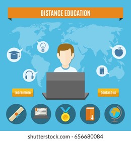 Distance education composition or banner on website with learn more and contact us buttons vector illustration