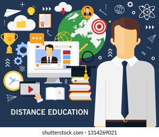 Distance education concept background .Flat icons