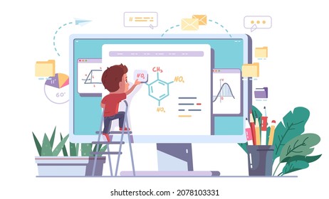 Distance education concept. Boy kid student solving chemistry problem on big desktop computer screen blackboard studying online. Child person learning, math, geometry lesson. Flat vector illustration